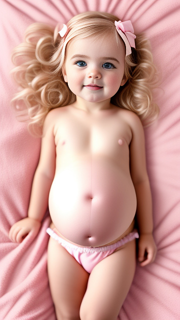 Realistic, detailed, 1-year-old blonde girl, pregnant, pink wedding outfit, showing belly, laying in bed, top down full body view, red blush, pink heart on cheek in custom style