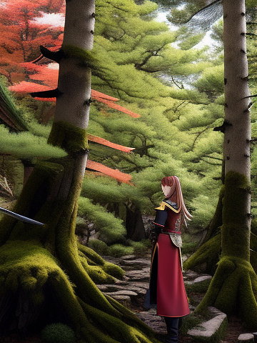 A tall elf wearing a set of armor with red, black, and gold on the armor pieces. she holds a long katana with a glowing red blade. she has bright yellow eyes, and long brown hair with red streaks. the background is a forest and she is standing on a thick, fallen tree.  in anime style