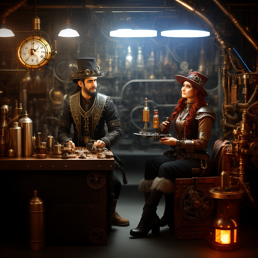 An elf wizard and blacksmith with a robot helper and a drinking problem in steampunk style