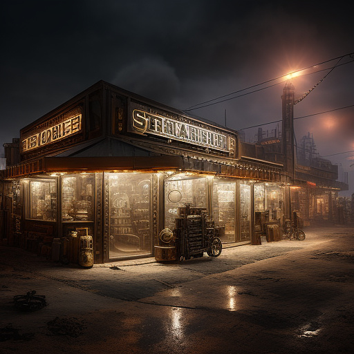 A shop in a wasteland exterior  in steampunk style