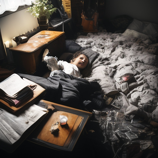 The room is dark, smoky and a mess, the bed is broken. there is an ashtray with an outstanding cigarette on the table. a 13-year-old girl is lying on a bed and crying. in custom style