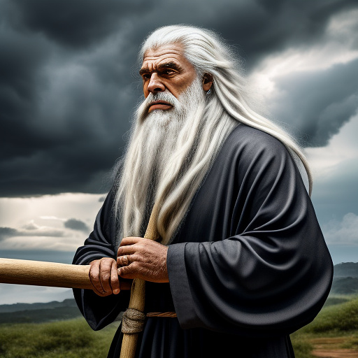 Old man with long white hair and beard wearing robes, looking like an ancient profit of doom, a wooden staff in one hand, a dramatic stormy sky in the background in realistic style