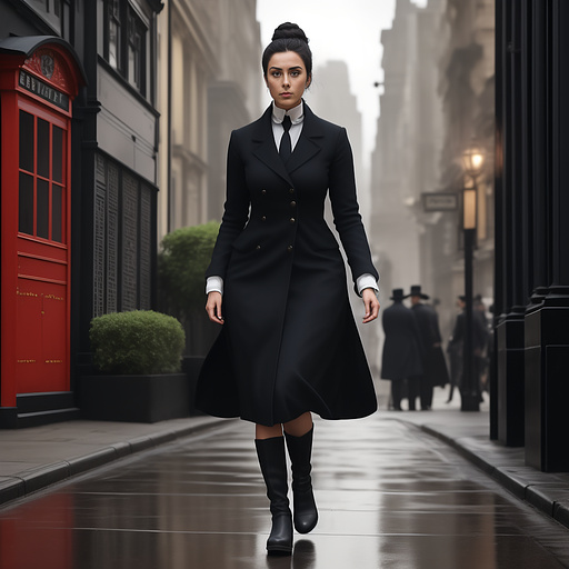 Adelaide fairchild cuts a striking figure amidst the bustling streets of victorian london. she stands tall and confident, with piercing eyes that seem to miss nothing. her attire is both practical and elegant, reflecting her status as a professional journalist and investigator. adelaide often wears a tailored coat over a modest dress, with sturdy boots that allow her to navigate the city's uneven terrain with ease. her dark hair is usually pulled back into a neat bun, and she carries herself with a sense of purpose and determination that commands respect from those around her. despite the dangers she faces, adelaide's demeanor exudes a quiet confidence, a testament to her unwavering resolve in the face of adversity. in anime style