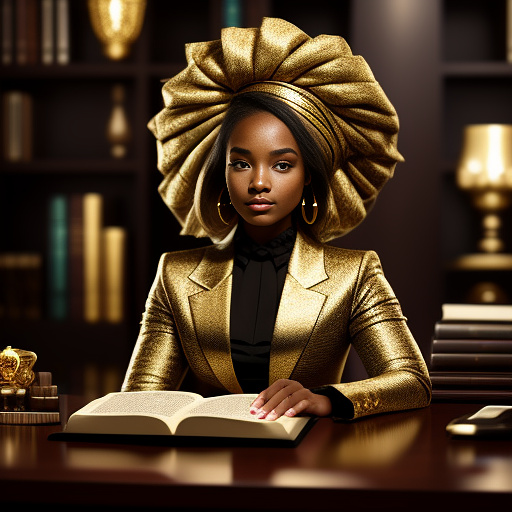 African american chibi woman narrator, elegant and adult-like features, bold eyes, glamorous outfit with golden accents, sitting at a glowing desk with ancient scrolls and a bible open, cinematic lighting.
 in disney painted style