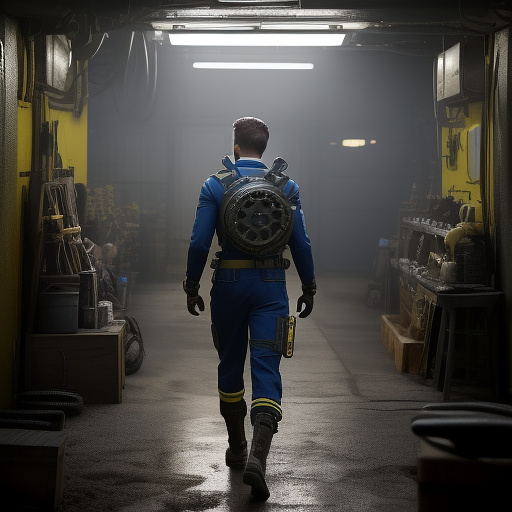 From a frontal view, a vault dweller from vault 72 stands out with their clean and uniform appearance. they wear a well-fitted blue jumpsuit, accented by bright yellow stripes running down the sleeves and legs, and the number 72 prominently displayed on the chest and back. the jumpsuit, crafted from durable material, is meticulously maintained, though it may bear the occasional scuff or patch from recent ventures outside the vault. their skin is less weathered compared to wasteland survivors, and their facial features are less rugged, indicating a sheltered life underground. their eyes, reflecting a blend of curiosity and caution, peer out from beneath a slightly disheveled yet clean haircut. on their left wrist, they wear a pip-boy, a bulky yet indispensable device for navigation and survival, marking them unmistakably as a vault 72 resident. in steampunk style
