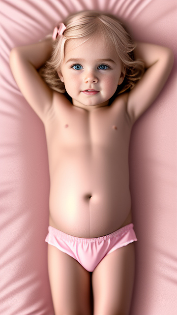 Realistic, detailed, 4-year-old blonde girl, in wet pink underwear, pregnant, laying in bed, top down full body view, red blush, right hand on belly   in custom style