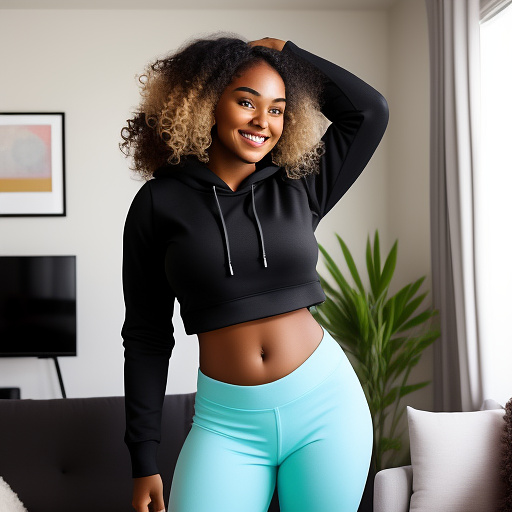 Sexy black college student with big boobs and her arms up and with curly hair and in a loose long sleeve cropped hoodie and leggings and showing her belly and her legs and standing in the living room and full body picture in custom style