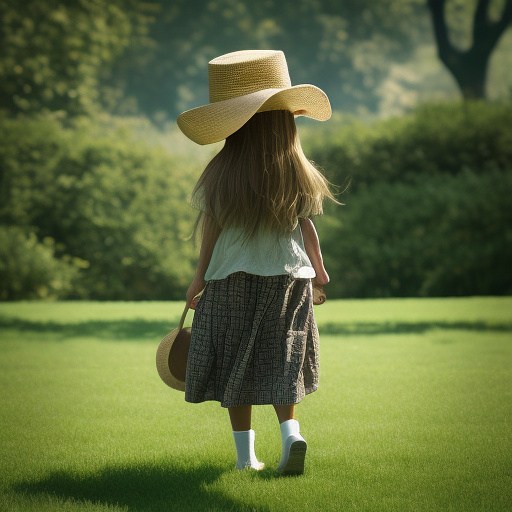 A girl is skipping across a sunny lawn. she has a basket in her hands and a hat on her head. in custom style
