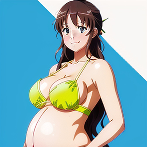 A heavily pregnant woman in a bikini in anime style