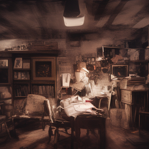 In a dark room, there is a telephone and a gun on the table. a man is sitting on a chair, and he is dead. in custom style