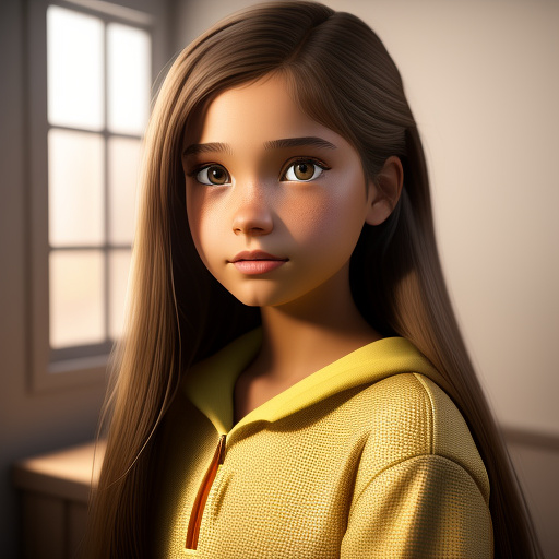 An eleven year old girl with light brown mid length straight hair, light brown eyes, wearing makeup and is wearing a yellow outfit in disney 3d style