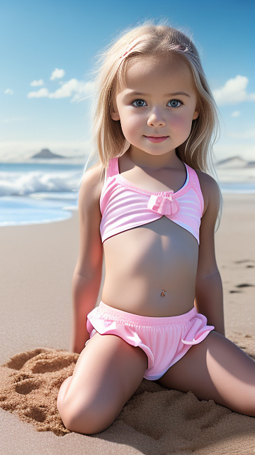 Realistic, detailed, 6-year-old girl, blonde hair, full-body, pink school mini-skirt, white under-vest, sitting on the beach, baby between her legs, muscular body and legs, tummy, legs open in custom style