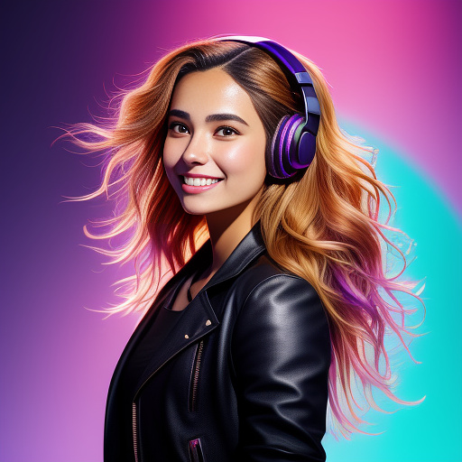 Half-body portrait of a vibrant female musician, golden wavy hair flowing, joyous wide smile, black stage headphones clearly visible, wearing a stylish black leather jacket, purple-blue gradient stage background with neon pink and aqua highlights, soft backlight creating a halo on hair, energetic pose slightly leaning forward, cinematic lighting, realistic skin tones, high-resolution detail, optimized for instagram profile square." in anime style