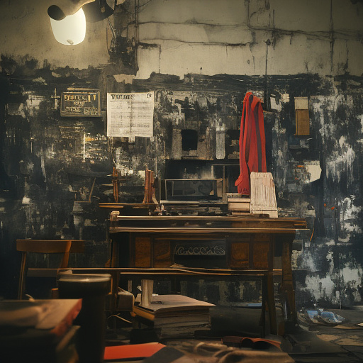 In a dark room, there is a telephone and a gun on the table. a man is sitting on a chair, and he is dead. in custom style