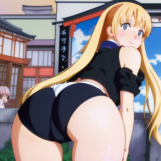 A girl with black tights big booty bent over booty veiw in a crop top bigger butt getting but smacked in anime style