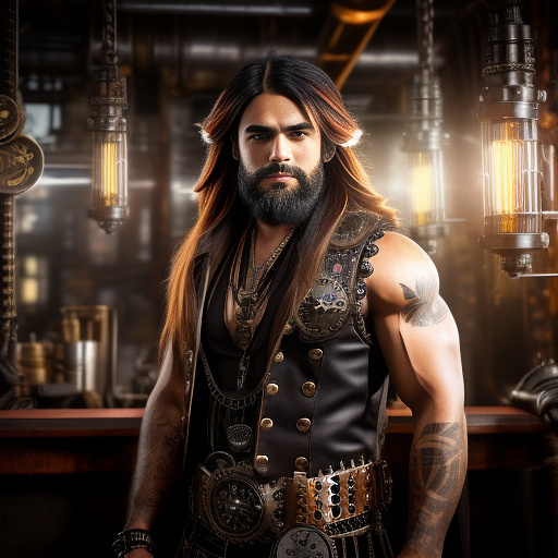 Muscle bara stud
long hair
beard 
 in steampunk style