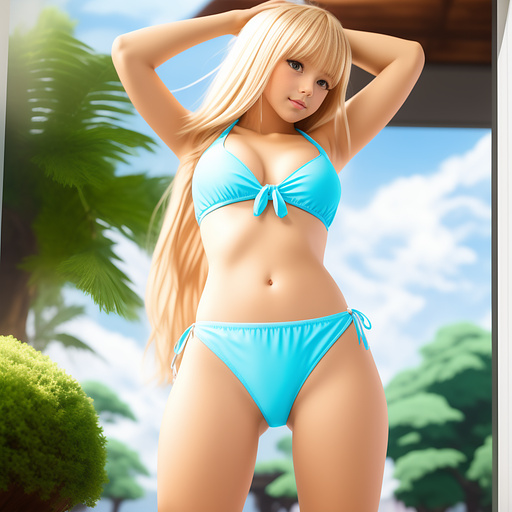 Cute girl blond bikini shirt getting  in her crotch aerial in anime style