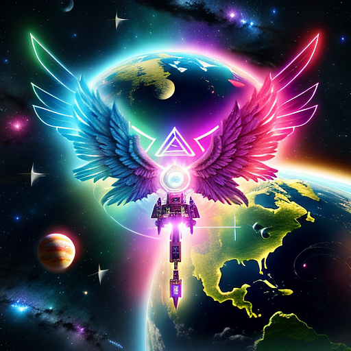 A cheerful transformer flies through space against the backdrop of planets. in angelcore style