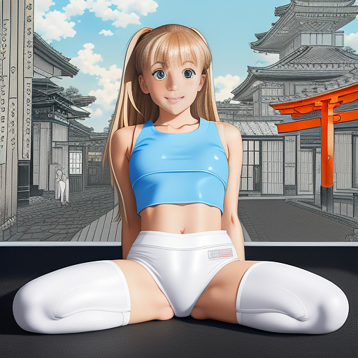 8 year old white blonde girl in tight crop top and long leggings sitting open leged
 in anime style