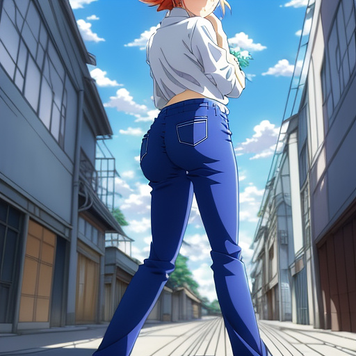 A gorgeous girl with a massive ass skinny blue pants  in anime style