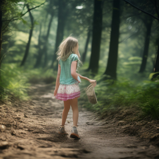 A 9-year-old girl is walking along a forest path. it's evening. she has a basket in her hand. view from behind. in custom style