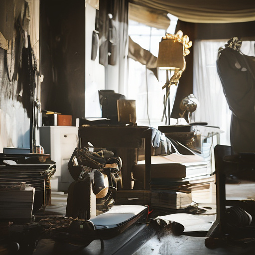 In a dark room, there is a telephone and a gun on the table. a man is sitting on a chair, and he is dead. in custom style