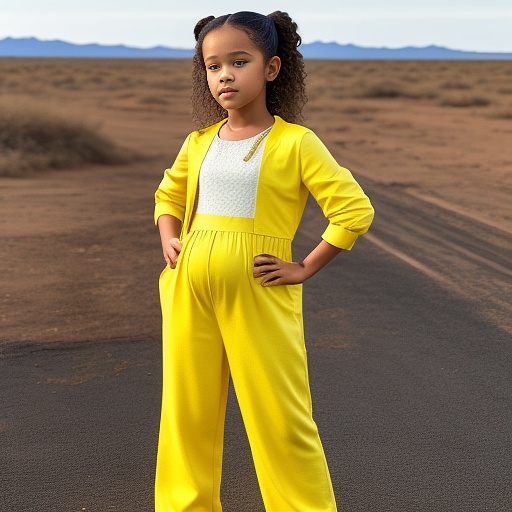 7-years-old, jenna ortega, pregnant, yellow jumpsuit, yellow boots,  in custom style