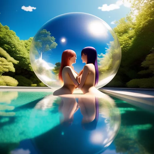Nude couple floating in a large glass sphere while having sex in anime style