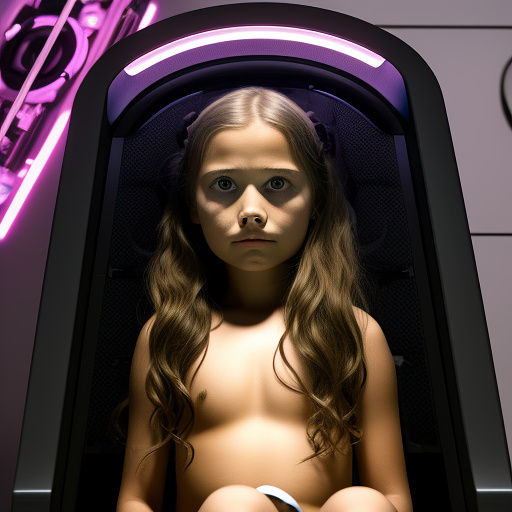 Ultra realistically a 10 year old girl sits exhausted in the sex laboratory fixed in detail in a sex machine in detail in custom style