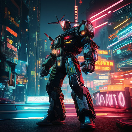 A cheerful transformer flies through space against the backdrop of planets. in cyberpunk style