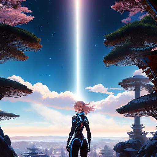 14 year old girl, futuristic body suit, futuristic spaceship, cute, looking out window, beautiful alien planet in backround, ambient lighting, 8k, hyper realistic, beautiful, amazing colours, detailed, good anatomy, future technology. in anime style