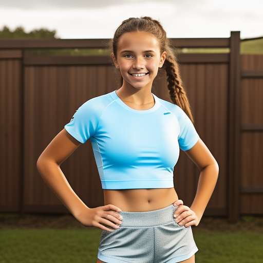 Extremely attractive 13 year old very youthful, happy, athletic, white, girl with brown hair, freckled face and big breasts wearing a tight, athletic crop-top t-shirt with tight, athletic shorts and running shoes standing in front of a wood fence in custom style