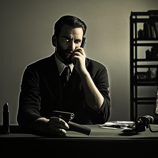 In a dark room, there is a telephone and a gun on the table. a man is sitting on a chair, and he is dead. in custom style