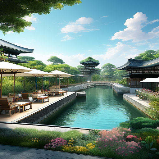 .design a 20-hectare eco-resort combining luxury, nature, and recreation. the masterplan should feature 30 modern-luxury villas (150 m² each) on southeastern hills with panoramic views. a zipline runs diagonally from southeast to northwest, while a 600m long, 15m wide water canal flows from southwest to northeast, navigable by boats and flanked by shaded walkways, cycling paths, and green landscapes. along the canal, place 10 cafés (every 50m) and 5 restaurants (every 100m), blending open-air terraces with local-modern design. at both ends of the canal, design two outdoor pools integrated with leisure decks. surround the site with diverse orchards and gardens, ensuring sustainability and cultural harmony. the layout must balance recreation, luxury, and ecological aesthetics for a landmark tourism destination. in anime style
