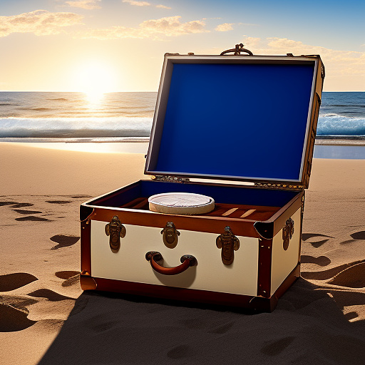 Cream circle surrounding an old-fashioned steamer trunk with stickers all over it from different places, sitting on the beach at sunset with waves behind it. infront of the steamer trunk. along the bottom of the circle are the words: "where bliss meets adventure" along the top of the circle are the words:"blissful sojourn" in egypt style