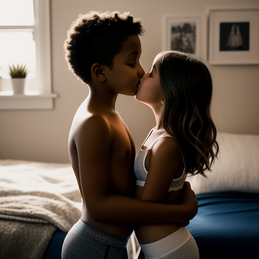 A romantic moment between a childhood couple in a cozy bedroom. the grade-5 sexy hot girl, wearing a light, stylish bras and yoga pants, shares a gentle kiss with the grade-5 boy.  in custom style