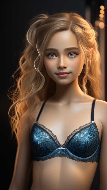 Realistic, highly detailed, short petite 12-year-old , wearing sexy lingerie, blonde hair up, pale skin, makeup on face, smiling , full body portrait, front view in angelcore style