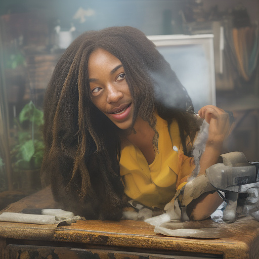 A black rastafarian is sitting on a worktable, smiling happily and smoking. the room is smoky. in custom style