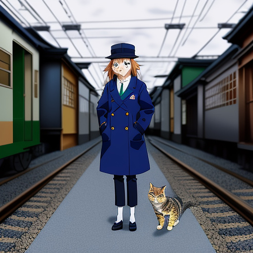 A cat with blue coat is standing, she is holding a train toy with her two front legs in anime style