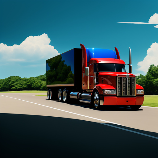 A 3/4 view of a patriotic american peterbilt styled long nose semi-truck in anime style