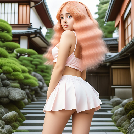 Little young girl whit curvy and fluffy hair pink/orange hair in short size, short pants and mid size tight skirt, tiny stature and round eyes, flat chest whit tight legs, doing a pose that curve her body flirting and looking front on camera.
in the garden of a house in anime style