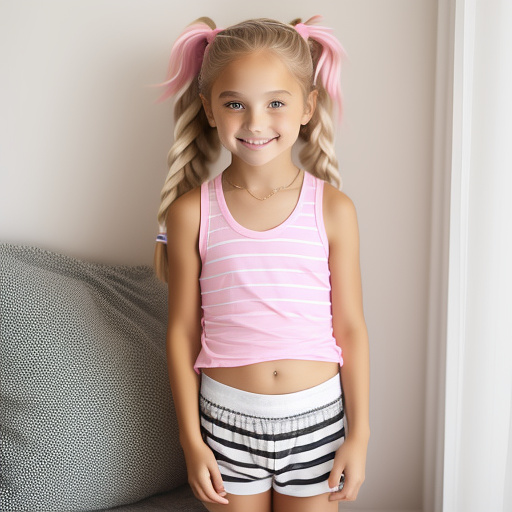 9-year-old caucasian white girl, pink striped tank top, cute, long blonde hair, not wearing pants in custom style