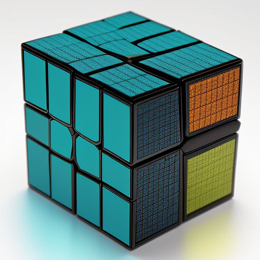 A high-quality digital image of a 2x2 clear glass rubik's cube with subtle black wire edges, floating on a clean white background. the cube has a detailed isometric view with visible 3d geometry and thin black lines inspired by minimalist logo styles. inside the center of the cube (not on the outer squares), is an organic logo of a simple design of a plant (yellow, turquoise, teal) forming a plant-like or lamp-like shape. the cube appears like a jewel box, housing a vibrant symbol of innovation and growth, with a modern, clean, architectural aesthetic. please refrain from any extra features on the sides. in anime style