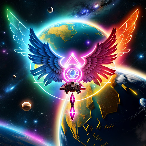 A cheerful transformer flies through space against the backdrop of planets. in angelcore style