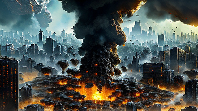 A hive-city being struck by from space, a huge explosion and building debris going everywhere. in custom style