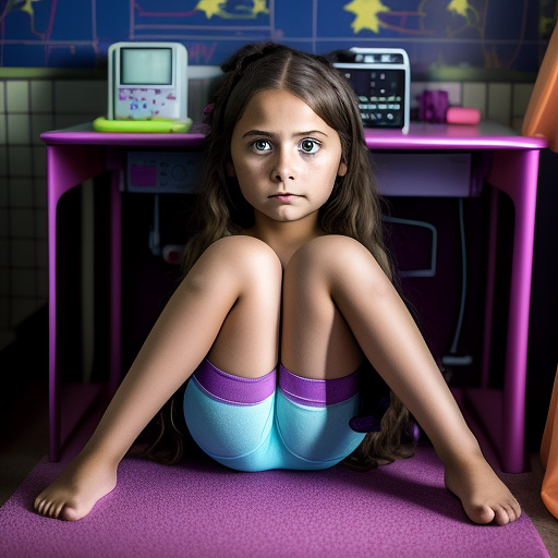 Ultra realistically a 10 year old girl sits exhausted in the sex laboratory fixed in detail in a sex machine in detail in custom style