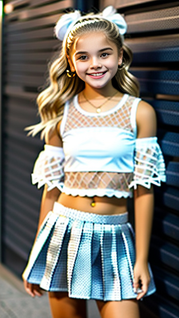 White, blonde, very cute, girl 13 years old, fishnet top , mini skirt , smiling,  in custom style