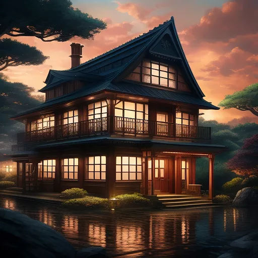 Titanic snake looming over a small house in anime style