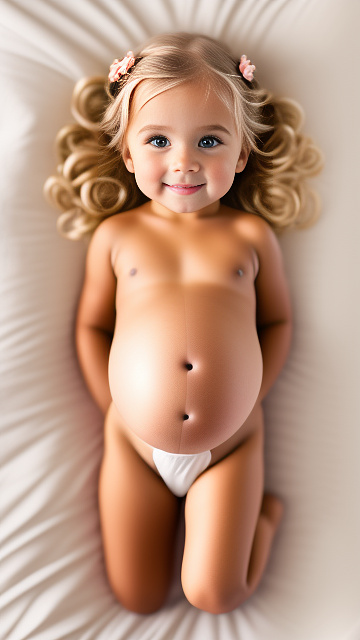 Realistic, detailed, 4-year-old blonde girl, pregnant, tan wedding outfit, showing belly, laying in bed, top down full body view, red blush, tan skin  in custom style