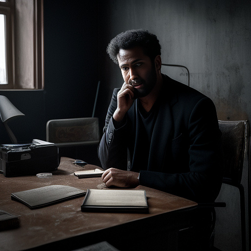 In a dark room, there is a telephone and a gun on the table. a man is sitting on a chair, and he is dead. in custom style